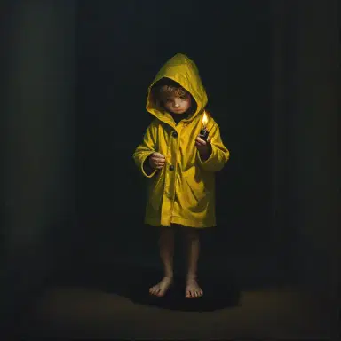 In a dimly lit room, a small barefoot girl stands wearing a yellow raincoat. Her face is hidden beneath the hood as she holds an old wick lighter. The soft flame flickers, casting eerie shadows around her. The oil painting captures a sense of mystery and solitude, reminiscent of the unsettling style of "Little Nightmares".