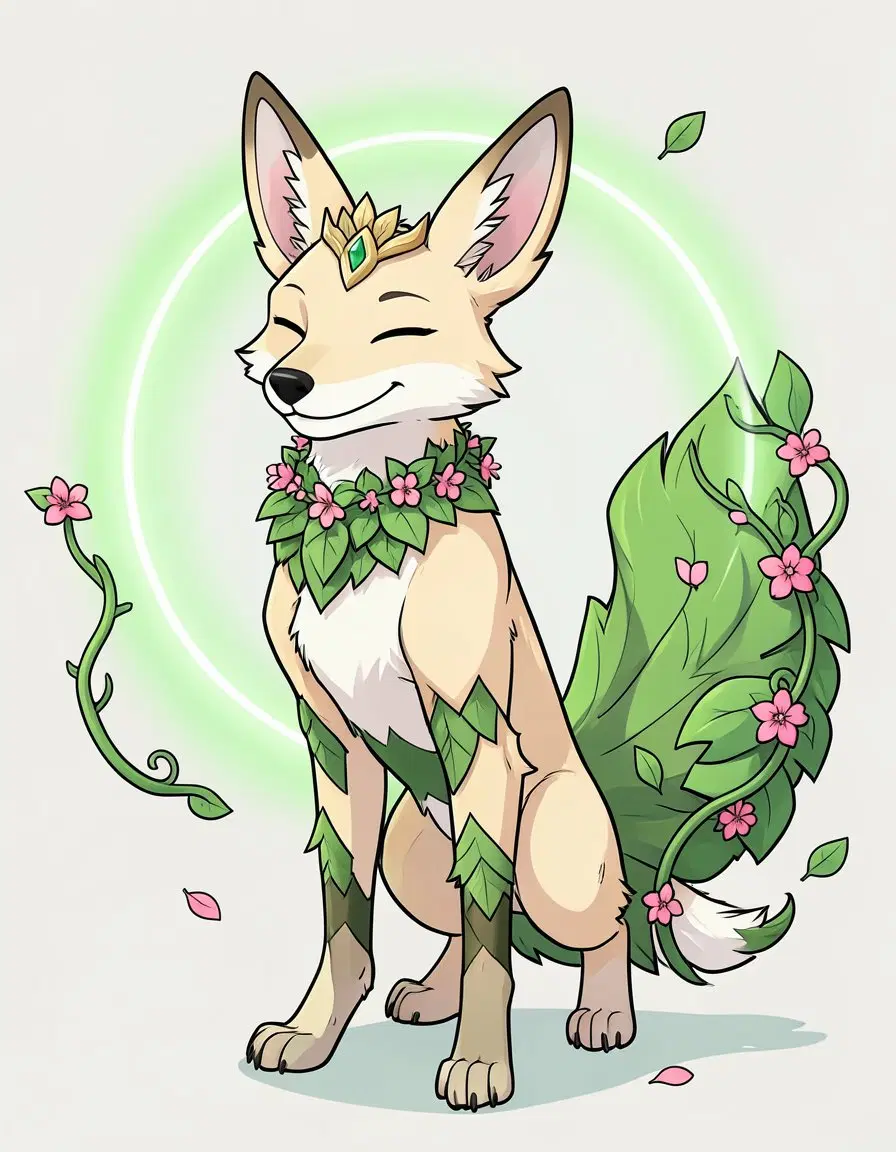 Original grass-type fakemon, a pokemon OC: four-legged cream fox with leaf ears, a golden leaf crown with a green gem, a collar of leaves and pink blossoms, and a huge tail of layered leaves and vines, inside a glowing green ring. Flat cel-shaded monster-taming game art, bold clean outlines.