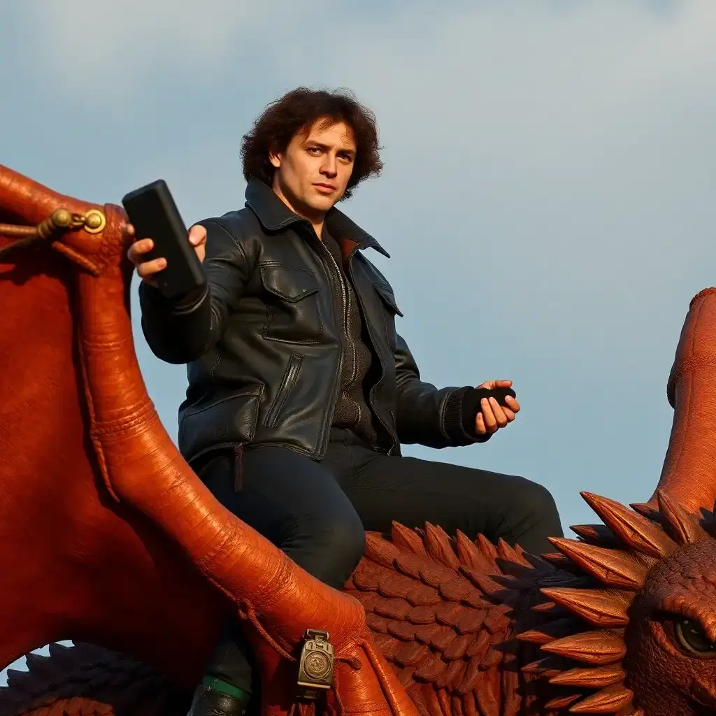 ridoc, a tan man with curly hair in black leather flight jacket from onyx storm riding on the back of a brown dragon with a JBL flip speaker in his hand