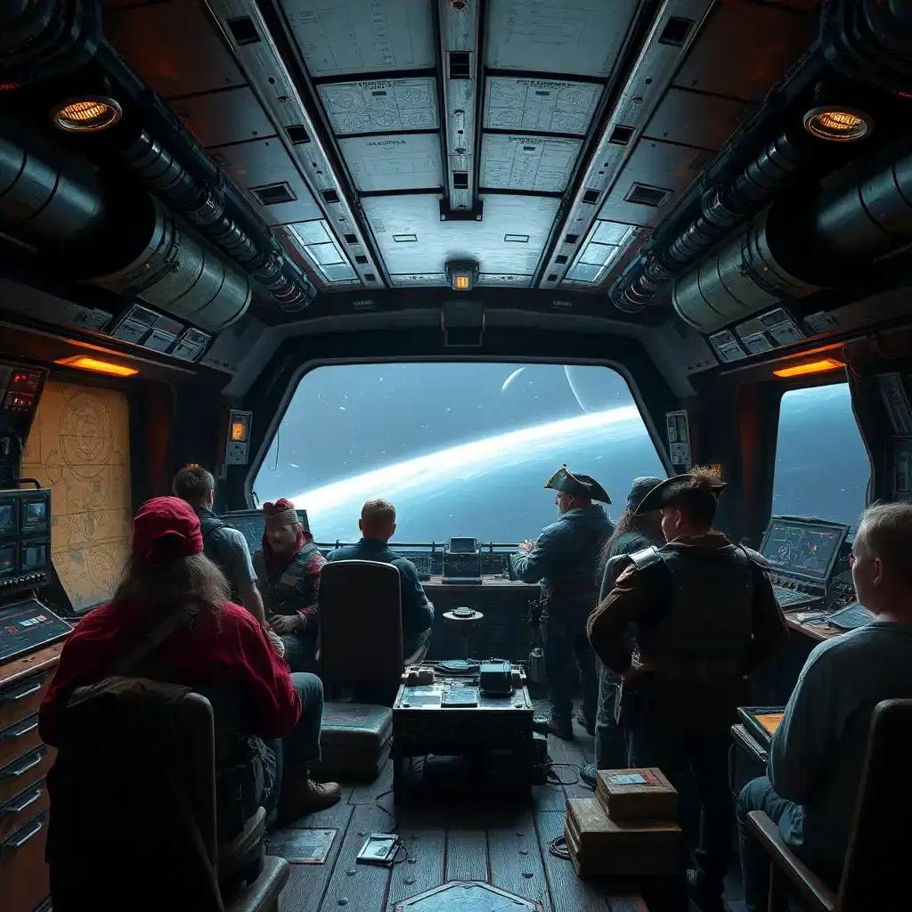Inside the control room of a space pirate ship, the atmosphere is tense and chaotic. Pirate crew members, wearing a mix of tattered clothing and armored gear, work at various stations, monitoring star charts and tracking enemy ships. The control panels are old and worn, with flickering lights and patched-up machinery. Through the large viewport, the vastness of space can be seen, with distant stars and passing comets. The ship's interior is filled with rough, utilitarian furnishings, and the hum of the ship’s engines is constant in the background.