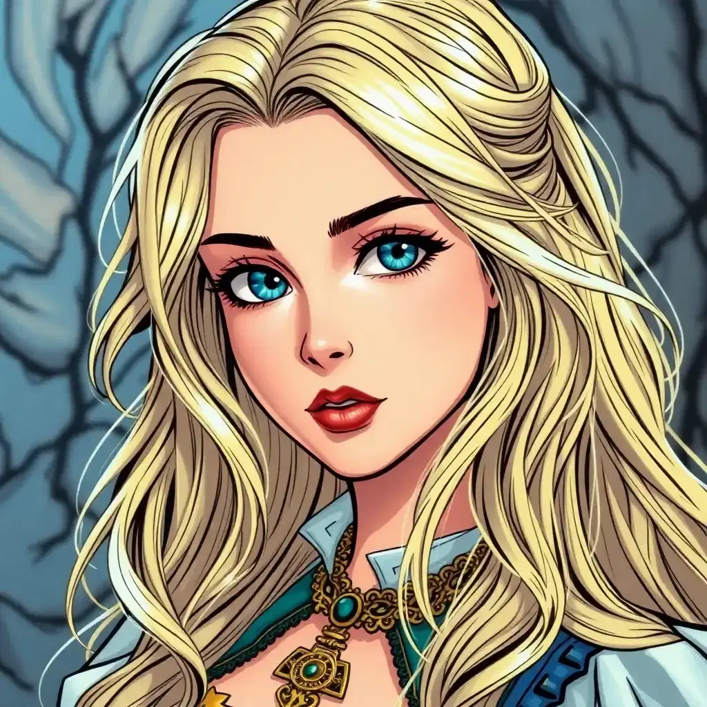 Create a spellbinding femme anime character, adorned with cascading locks of blonde hair and entrancing blue eyes, reminiscent of a fairy tale enchantress. Immerse her in a vibrant, vintage comic book universe, where each detail pops with color and precision that blurs the lines between fantasy and reality.