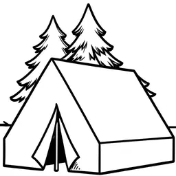 create a similar image but with bolder outlines and a single black and white coloring page pine tree behind the tent