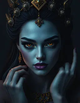 female goddess of night, dusky blue skin, gold eyes, purple lipstick, peripheral collapse layout with crowded, high‑contrast edges and an empty, understated center, asymmetrical encroaching forms creating psychological tension.
