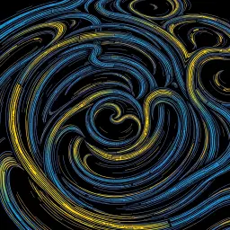 fractal kinetic abstraction maze, rhythmic lines and flowing forms creating optical motion illusion, inspired by music and machinery, perpetual momentum, grainy lived‑in texture, dark metallic underpinnings, deep black background, cmyk four‑color print palette of pure cyan, magenta, yellow over deep black, comic book and magazine print energy, cmyk four‑color print palette of pure cyan, magenta, yellow over deep black.