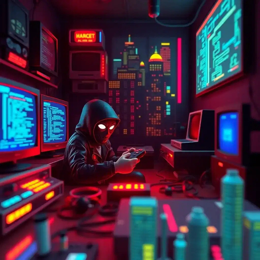 a claymation cyberpunk hacker’s arcade den deep within the neon jungle of a 16-bit game. the room is dimly lit by glowing 8-bit monitors filled with lines of primary color code and 2d pixel art schematics of corporate security networks of the era. a masked figure sits hunched over a vintage 16-bit controller, thumbs flying across the buttons as they navigate a nostalgic game to uncover an hidden code to breach a high-security fire wall, inspired by the classics of the time. wires snake across the cluttered workspace, connecting to custom chiptune soundboards and cartridge relays. the only sound is the quiet beeping of retro-fitted analog circuits and the occasional burst of static from a nearby game console. outside, the digital city pulsates with 8-bit life - pixelated skyscrapers shining bright, shady avatars peddling contraband virtual data on the virtual streets below, and corporate creeps seeking to shut down the faceless hacker responsible for the latest digital heist.