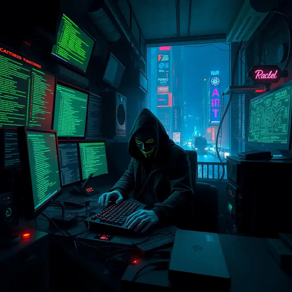 A cyberpunk hacker’s lair deep within the neon jungle of a futuristic city. The room is dimly lit by glowing monitors filled with lines of green code and schematics of corporate security networks. A masked figure sits hunched over a mechanical keyboard, fingers dancing across the keys as they breach a high-security firewall. Wires snake across the cluttered workspace, connecting to advanced decryption modules and stolen AI cores. The only sound is the quiet hum of cooling fans and the occasional burst of static from a nearby police scanner. Outside, the city pulses with life—neon lights flickering in the rain, shadowy figures exchanging illicit data on the streets below, and corporate enforcers searching for the faceless hacker responsible for the latest breach.