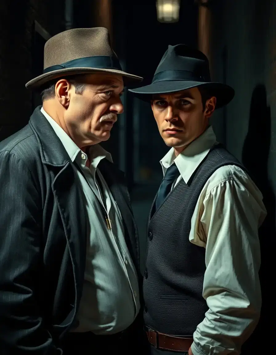 “The inspector speaks firmly to the thief, both standing close in a dim alley. The thief looks conflicted. Emotional tension, soft ambient lighting, realistic portrait style.”