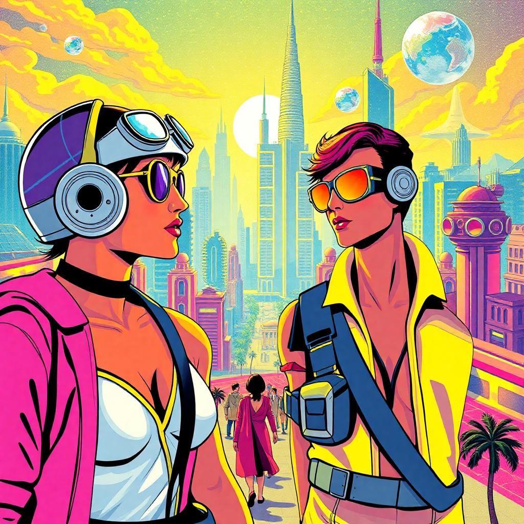 Illustrate a futuristic celebration of retro design, with human figures illustrated in bold pop art colors, set against a shimmering city that mirrors an explorer's paradise from another era. The vibrancy encapsulates a society that blends the ideals of futuristic optimism with timeless style.