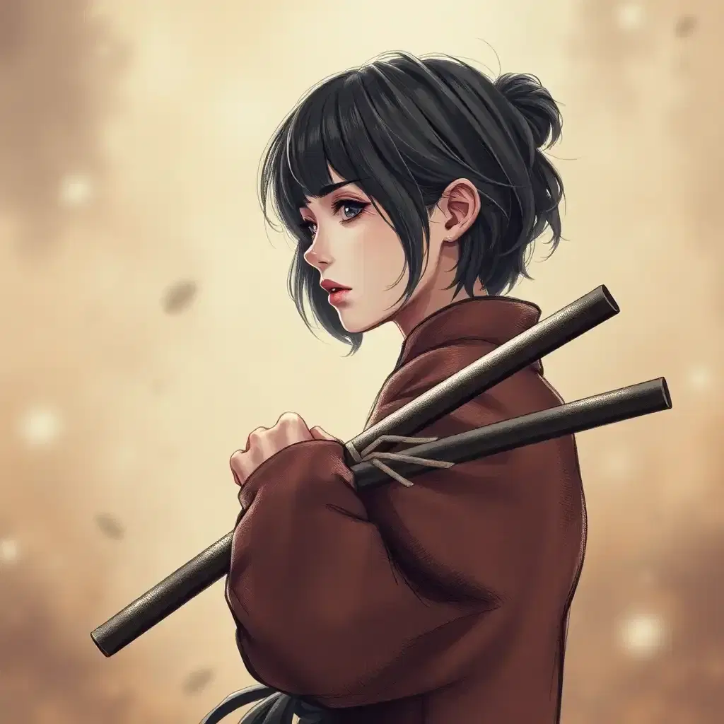 painterly holographic sketch illustration, nose, lips, perspective, depth of field, blurry background, 1girl, holding katana, facing to the side, expressionless, dynamic pose, textured clothes, textured background, textured skin, textured foreground, floating hair, short hair, suspended in mid-air, rendered at an unparalleled level, an awe-inspiring and breathtaking masterpiece, with stunning, photorealistic quality.