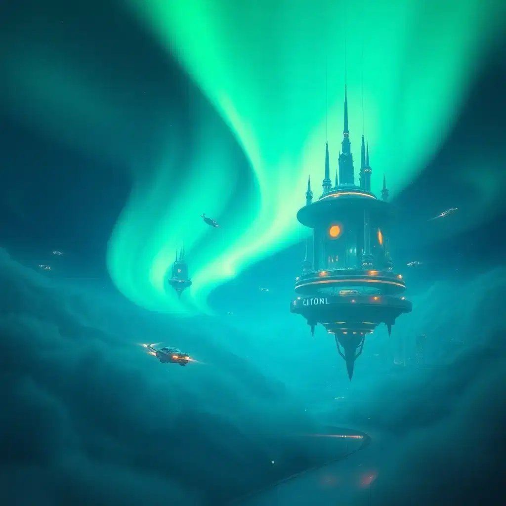 ### 1. **El Resplandor del Futuro**  
{{Una **futurista representación** de {((una ciudad flotante iluminada por una aurora boreal))}}} con {((detalles de rascacielos suspendidos, vehículos voladores y luces neón que se reflejan en nubes vaporosas))}. Esta imagen está inspirada por {((el estilo cyberpunk y surrealismo))}, mostrando {((una utopía tecnológica con elementos oníricos y abstractos))}. El entorno/fondo debe ser {((un cielo nocturno con tonos azules y verdes intensos))}, para crear una {((atmósfera de misterio y asombro))}. La toma debe ser {((panorámica, capturada con un lente de gran angular))}, destacando una {((perspectiva de amplitud y profundidad))}. La iluminación será {((suave y difusa, con reflejos de neón en la atmósfera))}, enfatizando {((la textura de las estructuras y la intensidad de los colores))}. Nivel de detalle: {((alto, con resolución 8K))}.