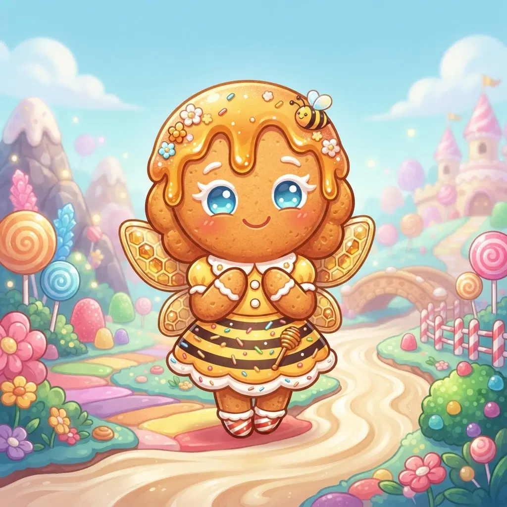 cute chibi gingerbread cookie person character with a rounded biscuit body, honey gold drip icing hair, yellow and black striped icing outfit, tiny honeycomb wings, standing by a cream river in a candy kingdom, bright game art style, full body