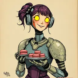 sweet robotic barista girl with armor panels like stacked teacups, glowing digital face, happy expression, tea‑leaf shoulder vents, holding a hand‑sized plate of pink macarons, mission school style, muted weathered tones with bright accents, diy punk collage texture, naive doodle mark‑making, diary‑like informal composition, lo‑fi zine aesthetic, distressed urban decay surface.
