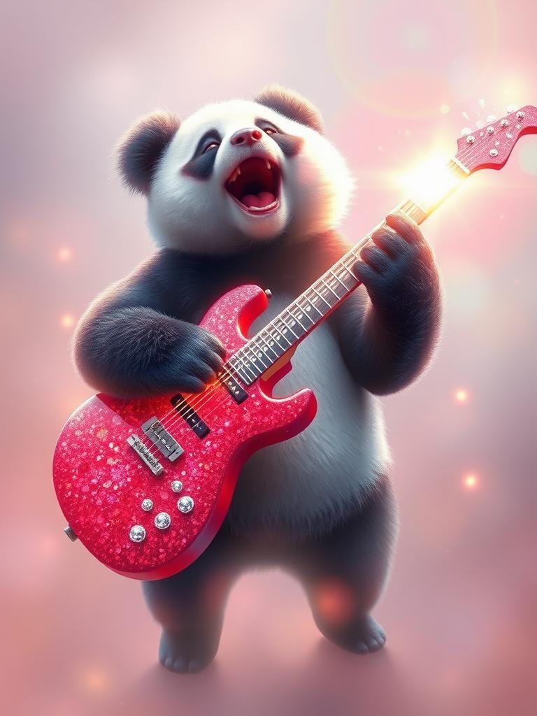 Imagine a dreamy 'melodia' panda, surrounded by a radiant glow, playing a gigantic, glittering guitar that shines with soft, ethereal light. The guitar's ruby-red hue is slightly faded, and its diamond encrustations sparkle like gentle stars. As she plays, vibrant paint drips from the guitar, but they're more like soft, pastel-colored mist that gently floats away. Each note creates a warm, shimmering light that bursts into a kaleidoscope of colors, but they're muted and blend together in a gentle, whimsical dance. The panda's joyful form is bathed in an soft, overexposed glow, making her edges blurry and dreamy. Her laughter and music fill the air, creating a sense of weightless, celestial wonder that feels pure and peaceful. The background is a soft, swirling mix of pale, marbled colors that seem to glow from within, adding to the dreamy, otherworldly atmosphere.