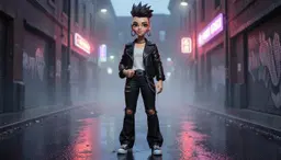image 1 is rae. rae: white female anime‑influenced face, heavy‑lidded eyes, exaggerated proportions, spiky fo‑hawk undercut, large double‑0 hoop gauges. she wears a black leather biker jacket over a white crew‑neck tee, high‑waisted black torn trousers with a rectangular biker chain belt accessory hanging off her right hip, and black high‑top canvas sneakers with white laces. her skin is smooth and glossy. the scene is a gritty urban alley at dusk, neon rain‑slick pavement reflecting street lights. rae stands confidently, one hand gripping the chain belt, the other relaxed at her side, illuminated by a soft backlight that highlights her glossy skin and metallic hoops. moody shadows and subtle fog add depth, while the composition remains clean, focusing on rae’s striking anime‑style features and edgy streetwear.