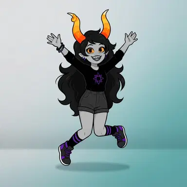Original fantroll girl character, gray skin, spiral candy-corn horns, original violet star symbol, bold flat webcomic style
