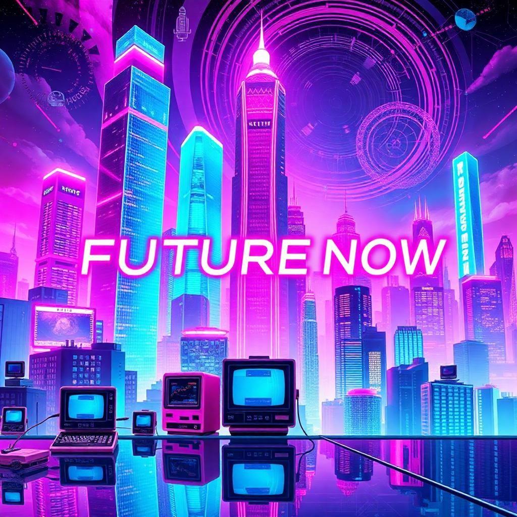 "Maximalist retro-futuristic cityscape poster design, vibrant neon pinks, electric blues, and deep purples, blending Y2K aesthetics with cyberpunk flair: towering holographic skyscrapers with glitchy overlays, retro tech like flip phones and CRT monitors glowing in the foreground, intricate digital patterns swirling in the sky, bold sans-serif typography glowing with a neon outline saying 'FUTURE NOW,' subtle grainy VHS texture for a nostalgic vibe, surreal reflections on glass surfaces, dynamic composition with chaotic yet harmonious energy, designed for a futuristic tech ad or music festival poster"