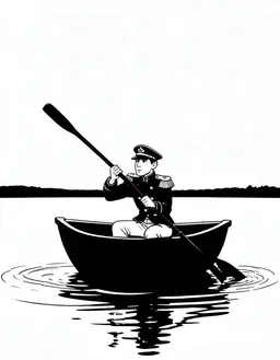 Captain Rose sitting in a small boat, holding a single oar and rowing, seated upright with a focused expression. The boat drifts on calm water under a stark black‑and‑white sky, simple line art style emphasizing contrast and silhouette. The scene is minimalistic, with ripples trailing behind the oar strokes and the distant horizon rendered in crisp ink strokes.