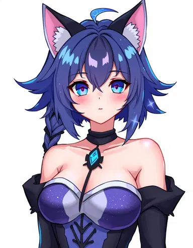 I wanna create a Neko catgirl with a galaxy hair style with matching ears tail and no collar or earrings with a really big chest in a one peice style but not one peice theme