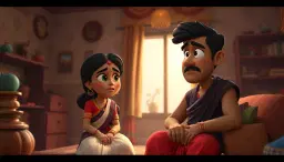 राधा पति की चिंता करती है
Prompt:
Radha sitting beside her husband Mohan inside their modest home, looking at him with love and concern, Mohan looking worried and avoiding eye contact, warm indoor lighting, emotional Indian family story, cinematic 3D cartoon animation, 16:9