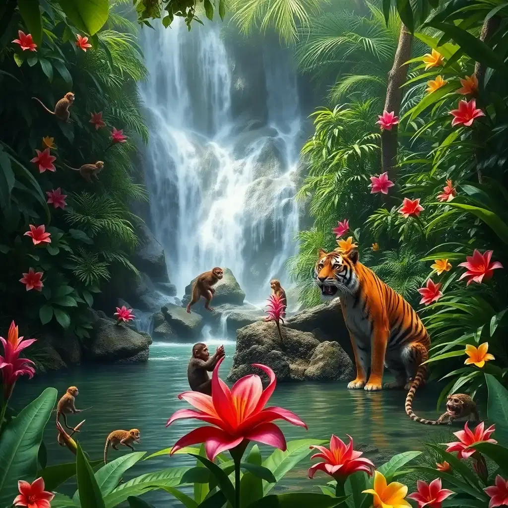 A hidden tropical paradise, where waterfalls cascade into natural pools surrounded by dense jungle. Exotic flowers bloom in every direction, their petals rich with vibrant hues. A family of playful monkeys swings from the vines while a lone tiger watches from the shade, its amber eyes gleaming. The air is thick with the songs of unseen creatures, and the entire scene feels like a glimpse into a lost Eden.