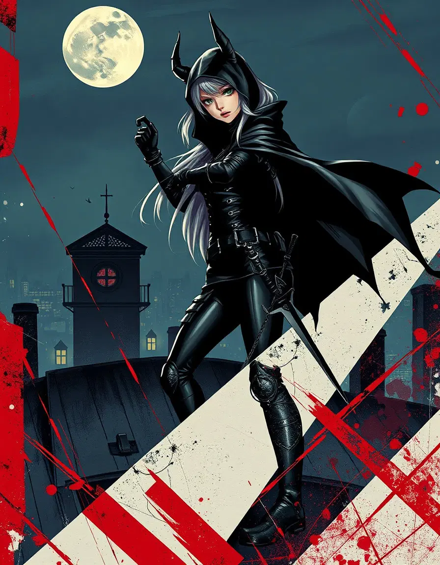 stealthy anime female assassin on a gothic rooftop at night, silhouette in black leather demonic armor, silver hair, green eyes, cloak, hidden blades. russian avant‑garde style, bold geometric abstraction, dynamic diagonal composition, hard‑edged angular forms, collage‑influenced fragmentation, palette of red, black, white, metallic, vivid primaries, dramatic moonlit atmosphere.