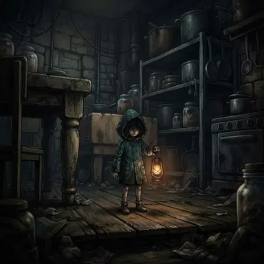 original little nightmares style oc, tiny child in teal raincoat with lantern, eerie oversized kitchen, creepy-cute moody lighting