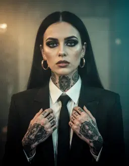portrait of a woman with long black hair and pale skin, heavy dark eye makeup, wearing a sleek black suit jacket over a white collared shirt and black tie, gold hoop earrings glinting, visible tattoos adorned on her neck, hands, and arms, captured in a close framing with shallow depth of field, cinematic lighting casting soft shadows, moody atmosphere enveloped in subtle haze, warm gold‑teal color grade, evocative and tense mood, shot with an 85mm portrait lens at f/1.4, low iso, slight slight grain for filmic texture.
