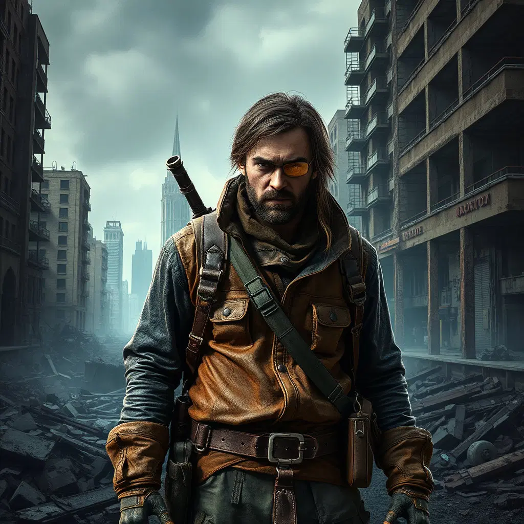 Post-apocalyptic survivor, rugged leather outfit, dystopian city ruins, gritty texture, dramatic shadows, survival gear, --ar 16:9 --q 2 --s 180