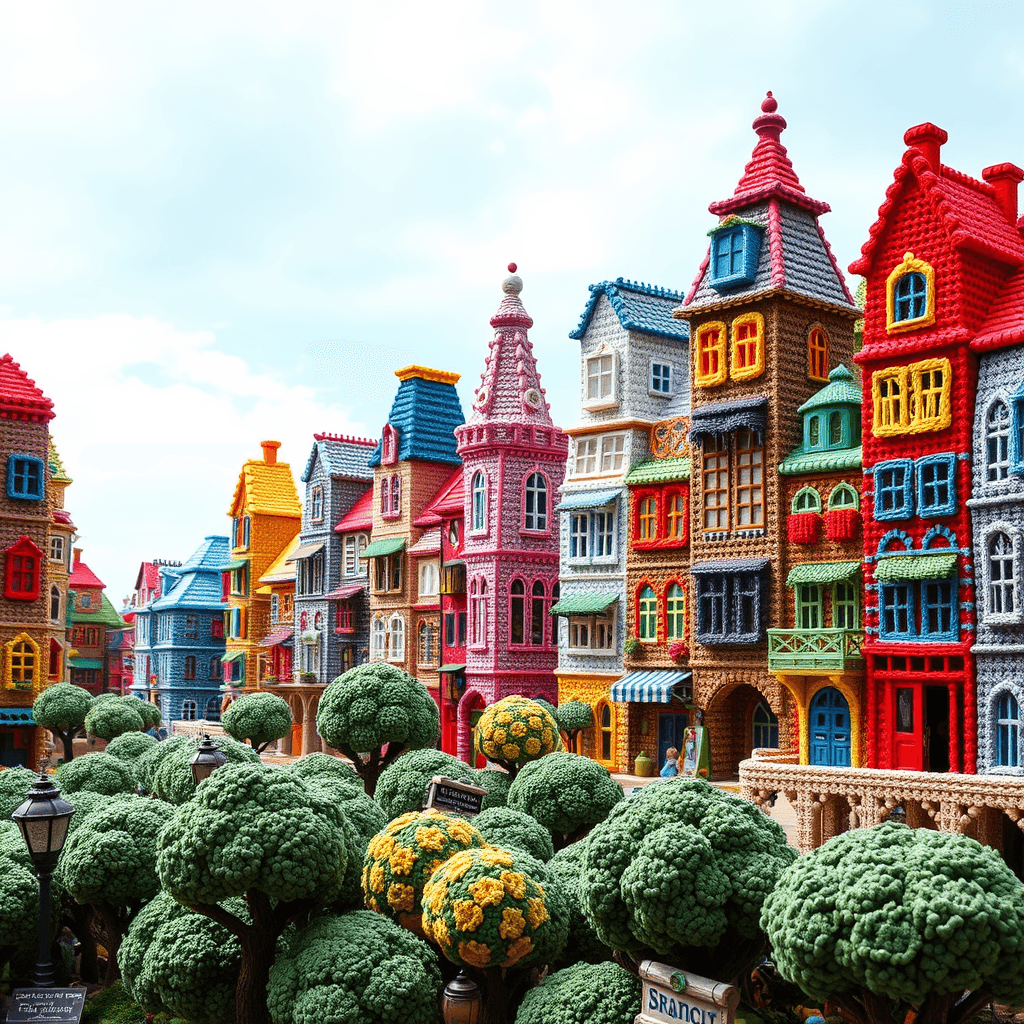 a captivating cityscape entirely made of crochet, showcasing intricate details and vibrant colors that bring the scene to life. the buildings vary in height and design, with crocheted patterns that mimic architectural features such as windows, doors, and rooftops.  each structure is crafted from colorful yarns, creating a whimsical and inviting atmosphere. the foreground includes charming crochet trees and streetlamps, and a vast, sprawling, incredibly detailed mythical forest, adding to the playful ambiance of the scene. surrounding the cityscape, a soft crochet sky sets the background, imbuing the graphic with a cozy and artistic touch. the overall composition reflects the creativity and warmth of handcrafted artistry, inviting viewers to explore the enchanting world of crocheted urban design.
