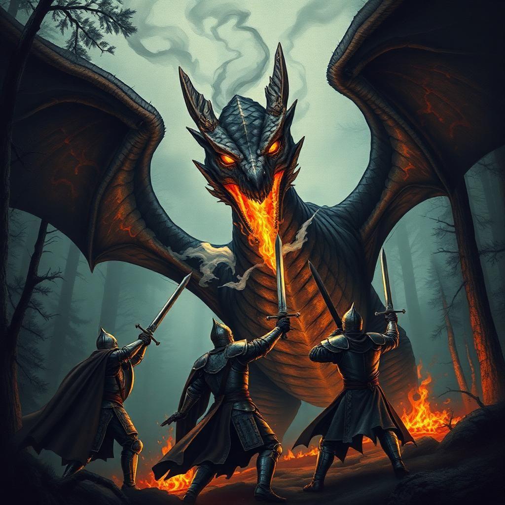 A hyper-detailed medieval tapestry-style illustration depicting knights battling a fire-breathing dragon in a dense, foggy forest. The dragon has massive, bat-like wings, obsidian-black scales with molten cracks glowing beneath, and a pair of piercing golden eyes. Smoke and embers rise from its nostrils as it roars. The knights’ armor gleams in the flickering firelight, their swords raised as they brace for the beast’s attack. The composition is dynamic, showing the immense size and ferocity of the dragon while capturing the desperate bravery of the warriors.
