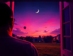 vast dreamy night sky above a grassy urban community park seen through an open doorway, a single balloon on a string and a crescent moon, over‑the‑shoulder view with the shoulder and partial head in soft‑focus foreground and the balloon sharply framed, 50‑85mm lens perspective, synthwave sunset palette of hot magenta, electric purple, burning orange melting into deep indigo with neon cyan edges, fauvism‑inspired saturated planes, bold outlines, aggressive brushwork, flattened composition, electric ultraviolet glow, mirror‑plane symmetry, vanishing‑point layout pulling the view into infinite depth