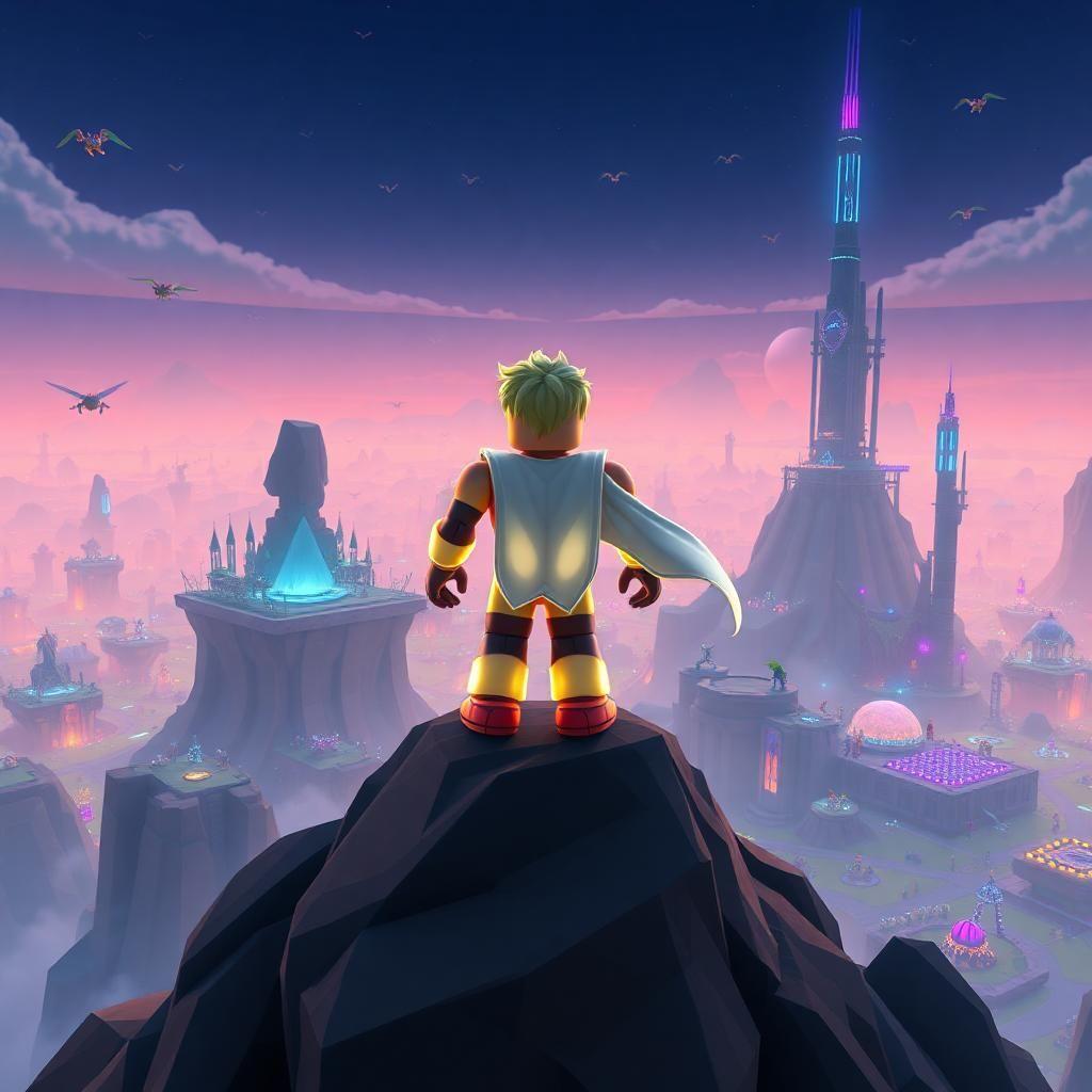 A Roblox character standing triumphantly on top of a massive digital mountain, gazing over an expansive landscape filled with floating islands, giant statues, and futuristic architecture. The character is decked out in a glowing suit, with a custom cape flowing behind them. The world around them is alive with digital creatures flying through the air, and distant, towering structures glow with blue and purple lights. The character’s pose is confident and heroic as they prepare to embark on their next quest.