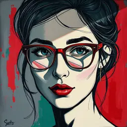 female subject wearing thin glasses in sgraffito mural style on early photographic paper, incised ink‑like lines, rough‑edged carved strokes, subtle impasto texture, satin sheen, high‑contrast directional light casting elongated abstract shadows, charcoal gray, midnight blue, wine red, deep forest green palette with rare burnished gold accents and piercing cyan highlights, charcoal gray, midnight blue, wine red, deep forest green palette.