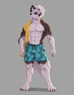 Wolfie is a bipedal, digitigrade wolf with a muscular build, white and black fur, a large bushy tail, and pointed ears. He has green irises, black markings around his eyes, a black nose, white whiskers, and a smirking expression, and his paws feature black pads and claws. He wears a yellow towel draped over his shoulder, teal patterned swim trunks, and sunglasses, and holds a coconut drink with a straw. His exaggerated proportions give him an oversized head-to-body ratio and a thick, expressive tail.