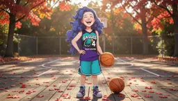 marge jackson stands alone on an outdoor basketball court, crisp autumn air swirling red leaves around the worn hardwood floor. her face is fully visible, eyes sparkling with laughter, head tipped back in joyous abandon, a wide smile breaking through the golden light. the court’s faded lines and a single basketball beside her capture the casual, spirited atmosphere, while the surrounding trees cast dappled shadows, creating a serene, seasonal backdrop that frames her radiant expression.
