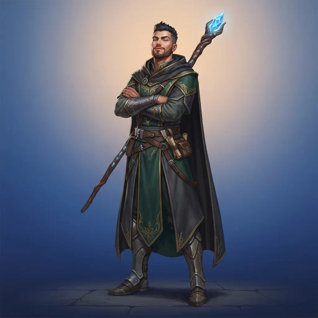 original character pose reference, a tall mage standing with arms crossed, chin up, staff resting on shoulder, confident pose, full body, painterly style, clean soft gradient studio background, vibrant, crisp high detail, digital illustration