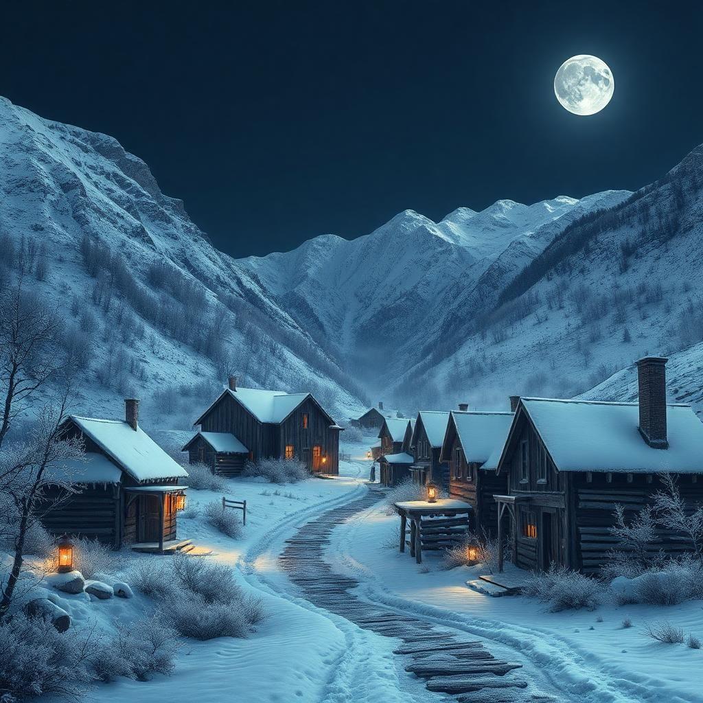 amidst a spectral frost, the abandoned mining town exists in a dreamlike trance. the worn buildings transcend reality, their ethereal outlines embracing the chill of winter. lanterns burn as frozen stars, whispering forgotten tales into the night. mountains stand sentinel, their ancient forms cloaked in a shroud of moonlight. a surrealist masterpiece, where time and nature dance in harmony.