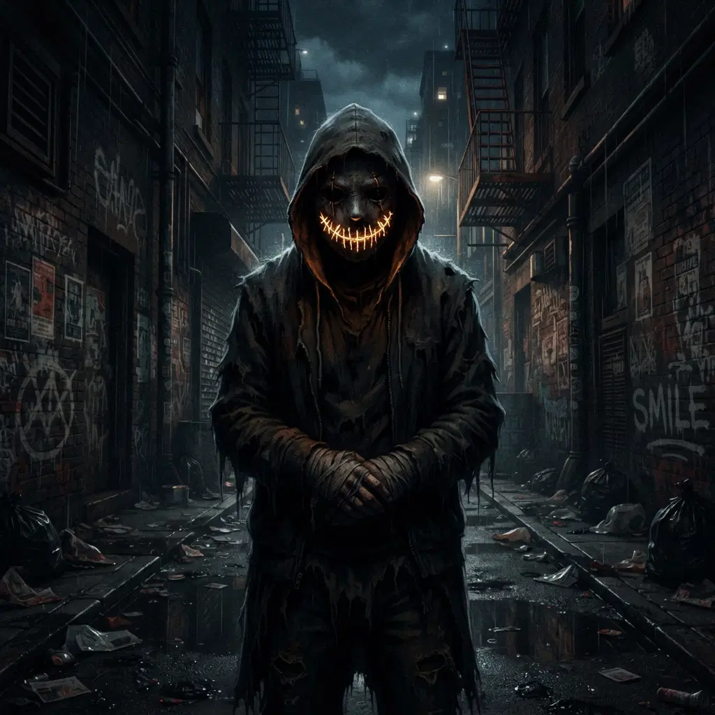 Creepypasta style OC, hooded figure with glowing stitched smile mask, urban night alley, eerie digital art, no gore, dark atmosphere
