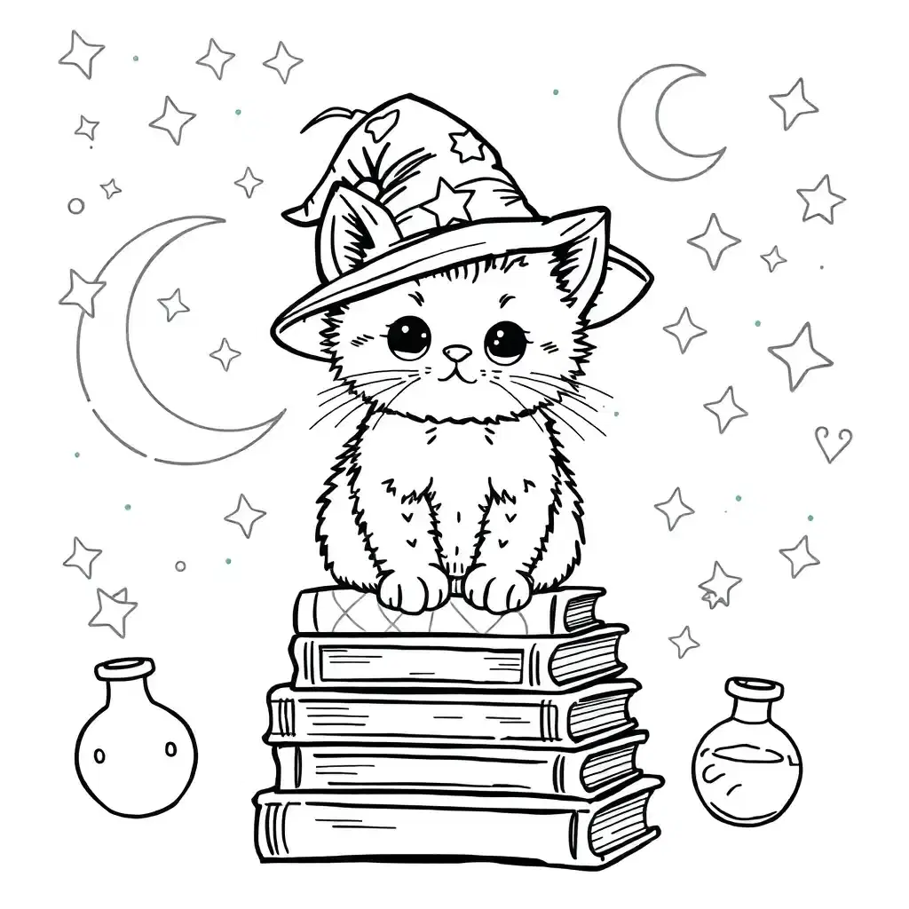 An adorable chubby kitten wearing a tiny wizard hat, standing on a stack of books with magical sparkles floating around. The background features whimsical elements like stars, a crescent moon, and potions. The line art is simple yet detailed, allowing room for creative coloring choices.