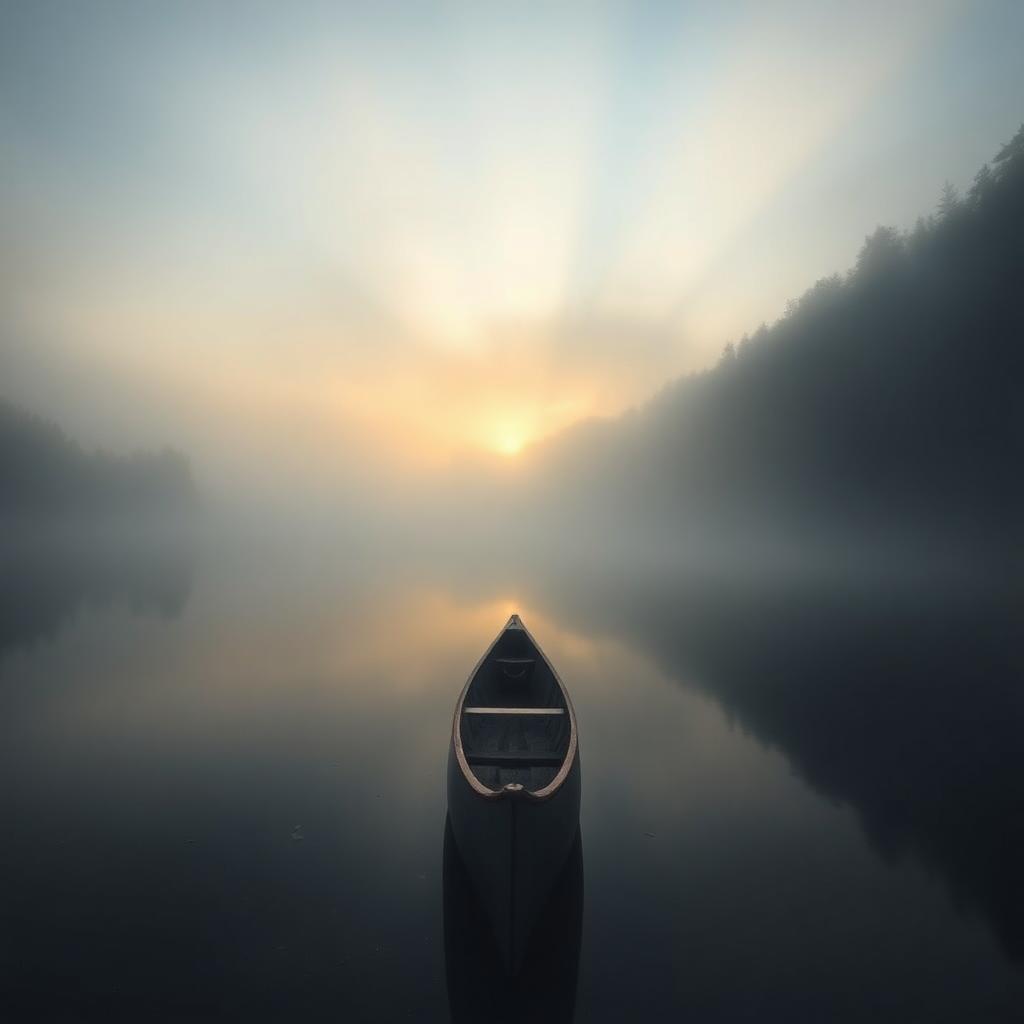 Backlit fog pierced, Infinite universe crossroads, Lone canoe waiting
