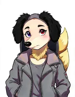 character portrait of female, an anthropomorphic canine with expressive ears, a fluffy tail and a hoodie, fully clothed, Golden retriever with black floppy ears, black hair, One is dark purple and red, a fair complexion, cool and confident, in the style of Fursona, faithful to its official art style, vivid saturated colors, head and shoulders, facing forward, plain flat white background