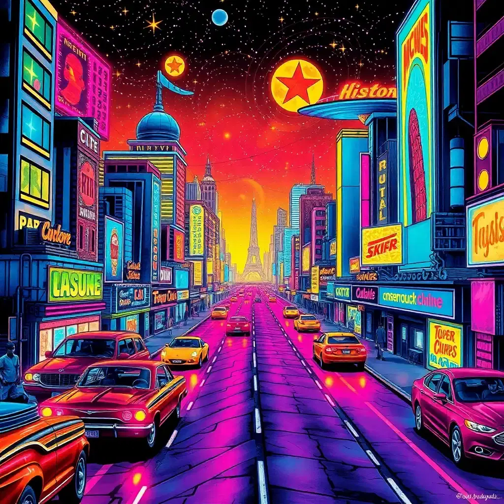 imagine a bustling retro-futuristic cityscape, where neon lights mimic stars and retro automobiles hover gracefully above paved roads, but amplified to the extreme! the scene pulsates with energy, painted in vibrant hues that blend pop art and futurism, all suddenly transforming into a intensely detailed and vibrant psychedelic graffiti wall, perfect for a full back tattoo design, inviting one to explore a world where history and future intertwine.
