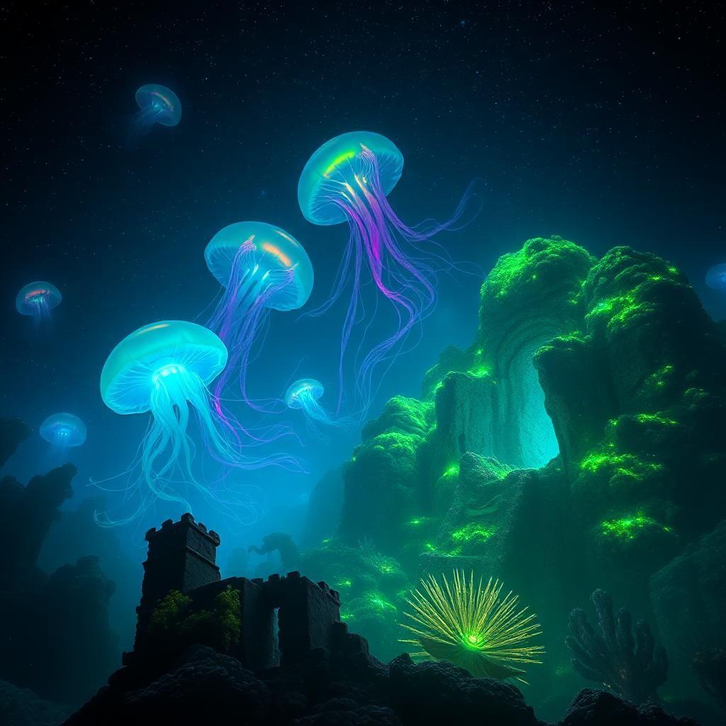 A mystical deep-sea realm untouched by humanity, where colossal bioluminescent creatures drift through the eternal darkness. Massive jellyfish pulse with neon colors, their tendrils stretching for miles. Ancient, submerged ruins hint at a lost civilization, their structures encrusted with coral and glowing moss. Strange, anglerfish-like predators cast eerie blue-green lights as they stalk their prey. The water is thick with tiny, glowing particles, creating an atmosphere of otherworldly wonder. The deeper one goes, the more surreal the world becomes, with creatures and landscapes that defy the imagination.