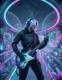 Ermengarde stands in the futuristic biosphere, side‑profile, holding a sleek, glowing electric bass that pulses with bioluminescent cyan‑magenta light. She wears a dark tactical uniform with gloves and a headset, eyes focused on the instrument as she leans slightly forward, fingers poised on the fretboard. The scene retains the bold‑vibe aesthetic: curvilinear, otherworldly architecture, vibrant neon outlines, and an analog‑color palette of neon cyan, magenta, and electric blue. Bioluminescent plants and glowing glass railings line the foreground, while spiral walkways and geodesic domes rise in the background under a starry night sky. Soft, diffused ethereal lighting from the flora and LED strips creates low‑contrast, even illumination, casting gentle, anisotropic reflections on the metallic surfaces. The composition uses a wide‑angle, panoramic view with Ermengarde centered, guided by leading curves and symmetry. Render in photorealistic CGI with ray tracing, global illumination, volumetric fog, and hyper‑realistic micro‑texture clarity, delivering a stunning ultra‑detail masterpiece in RAW HD.