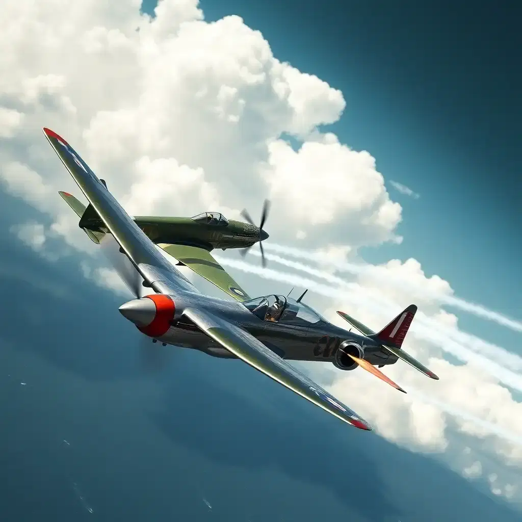 A high-speed dogfight between two vintage fighter jets over an ocean. One plane performs a tight barrel roll while the other fires tracer rounds. The scene is full of motion, with vapor trails streaking behind the jets and dramatic clouds in the background.