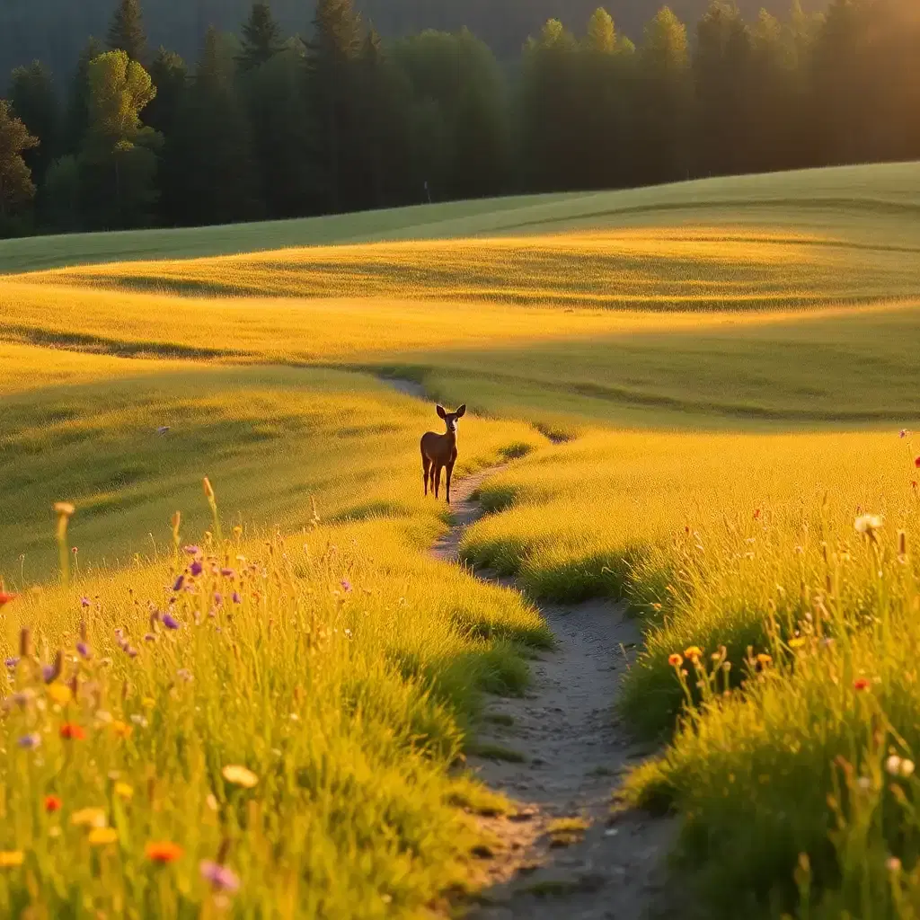 A tranquil meadow bathed in the golden glow of late afternoon light. Wildflowers of every color sway in the gentle breeze, and a narrow dirt path winds through the rolling hills. A lone deer stands at the edge of the trees, its ears twitching as it watches the horizon. The scene is peaceful, a perfect moment frozen in time, capturing the raw beauty of nature’s untouched splendor.
