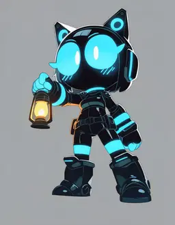 A small bipedal robot with a glossy black helmet shaped like cat ears, its oversized head dominates a compact body. It has large luminous cyan eyes with white vertical pupils, and its torso is covered in segmented matte armor with glowing cyan striping. The robot wears a black tactical armor suit with shoulder pads, a belt of pouches, and heavy combat boots, and it holds a warm‑yellow oil lantern in its raised right hand. Its smooth rounded edges and reflective surfaces give it a sleek, futuristic appearance.