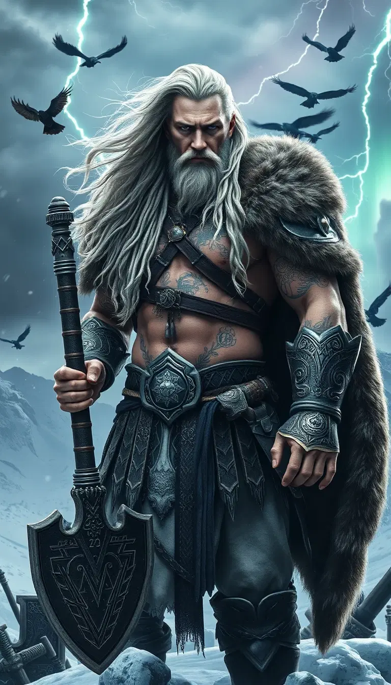 masterpiece, best quality, ultra detailed, epic fantasy, Norse mythology warrior, son of Odin, tall and powerful physique, long silver-blonde hair flowing in the wind, piercing ice-blue eyes glowing with divine power, intricate Nordic rune tattoos across chest and arms, majestic fur cloak, ancient enchanted armor engraved with Viking symbols, holding a colossal rune-forged battle axe, standing on a snowy mountain peak,

dramatic storm clouds, lightning striking behind him, ravens flying through the sky, northern lights illuminating the horizon, frozen battlefield covered with ancient weapons, cinematic atmosphere, god-like presence, legendary hero, fantasy realism, photorealistic skin texture, volumetric lighting, dynamic pose, highly detailed face, intricate armor details, unreal engine 5, ray tracing, 8k, HDR, cinematic composition, masterpiece fantasy artwork