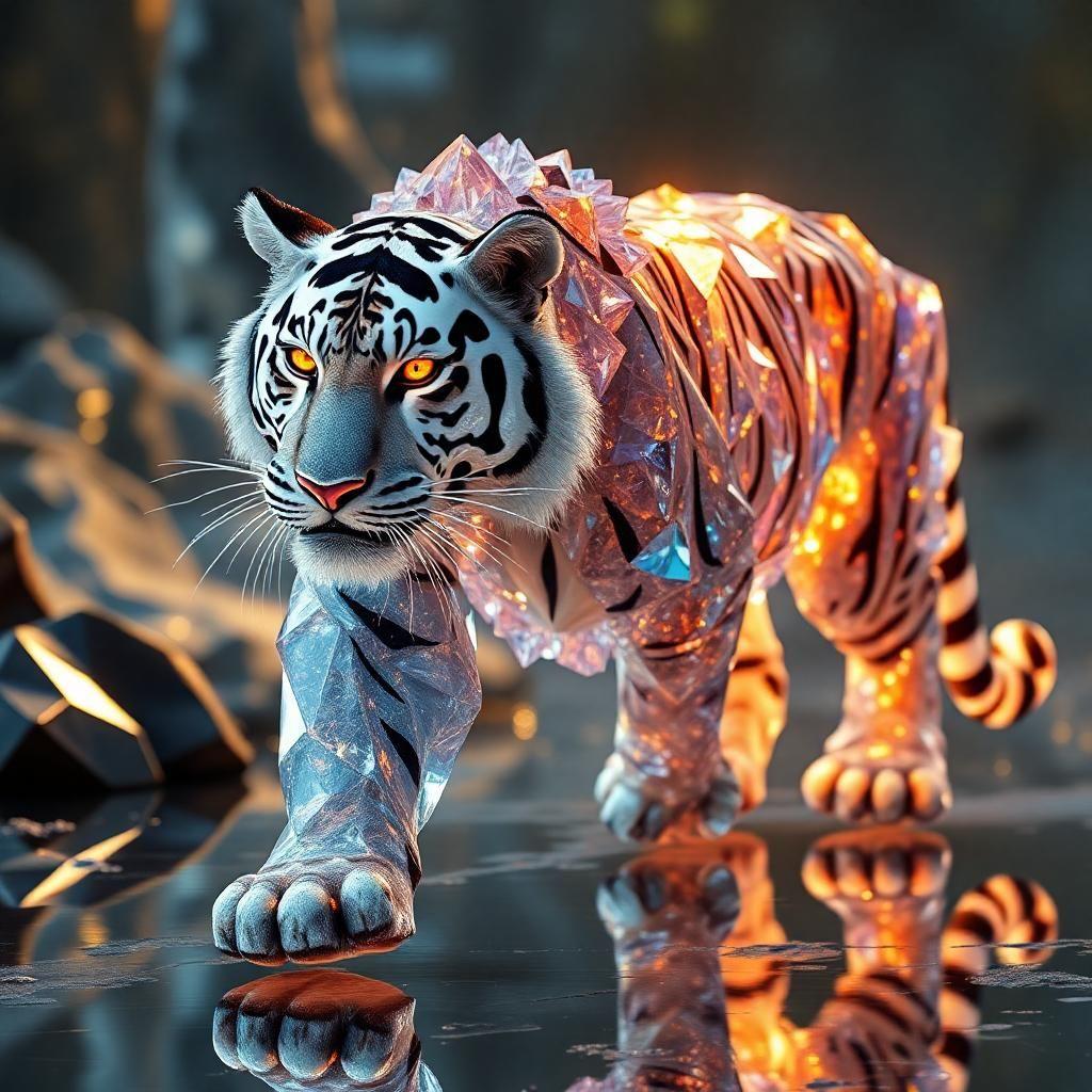 Journey to the prismatic lands where a legendary crystal tiger strides through reflective terrain. Its skin, a living cascade of glittering facets, encapsulates entire worlds within each crystalline frame. The tiger's eyes, fierce and knowing, burn like twin suns. With every step, it reshapes reality around it, bending the light of existence to its own majestic design.