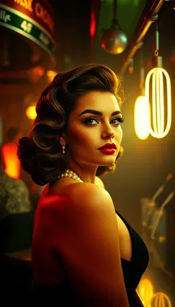 vintage hollywood glamour portrait, soft focus filter, dramatic spotlight from above, old hollywood waves hairstyle, pearl jewelry, color film grain aesthetic, reimagined in a smoky jazz club with neon‑lit decor, chrome bar accents and subtle cyber‑punk ambience.